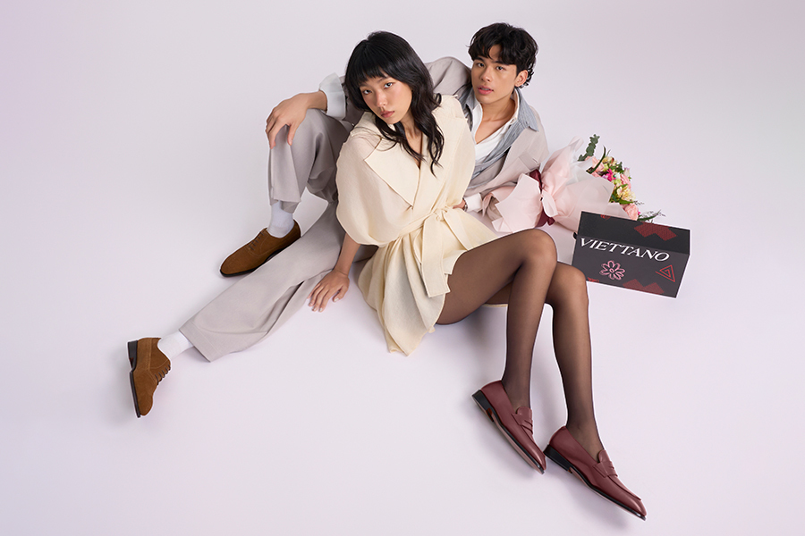 A pair of custom leather dress shoes presented in a gift box for anniversary